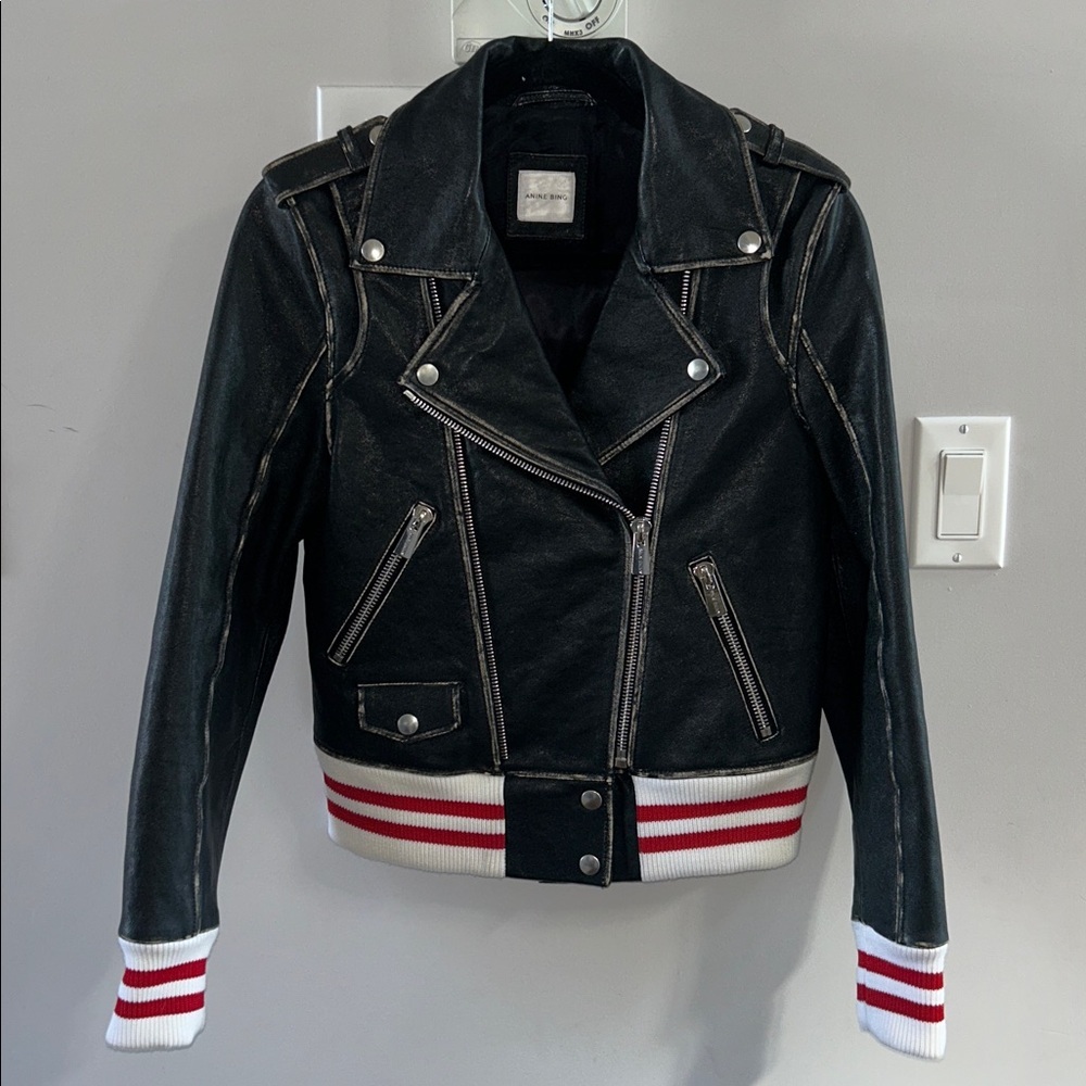 Anine Bing Quinlan Moto Biked Jacket with Varsity Cuffs and Hem - Picture 8 of 12